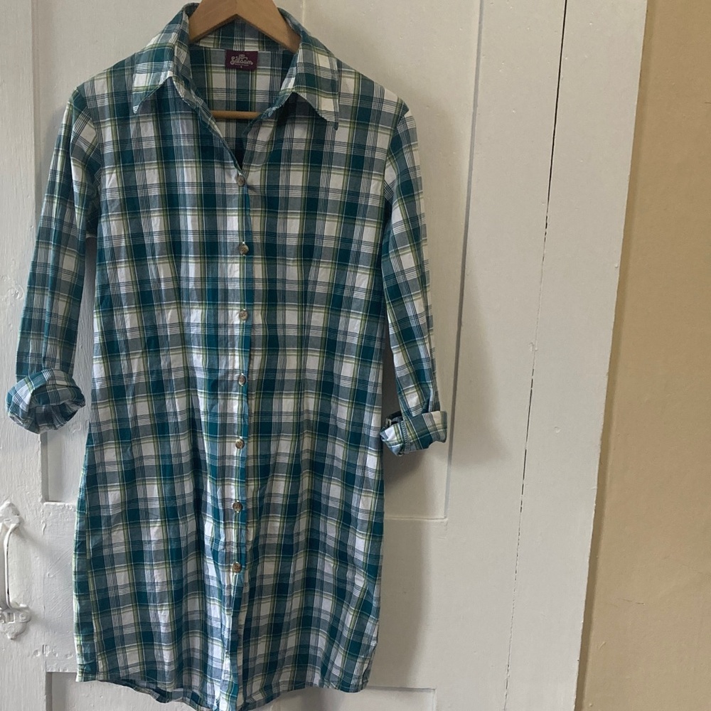 Salaam Plaid Button-Down Tunic in Blue, Green and White